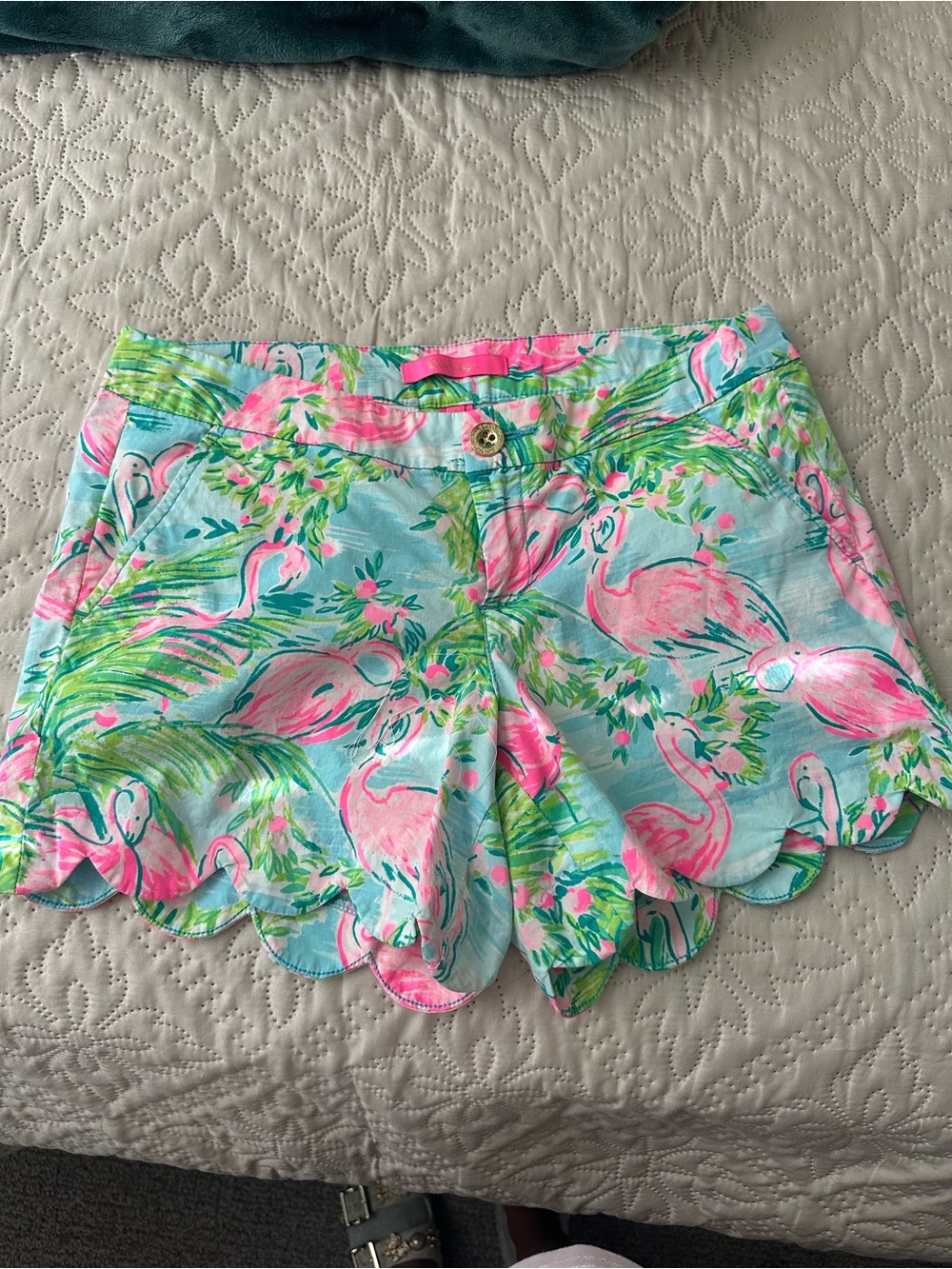 Lilly Pulitzer Flamingo Print Scallop Hem Women’s Shorts - Pink & Aqua